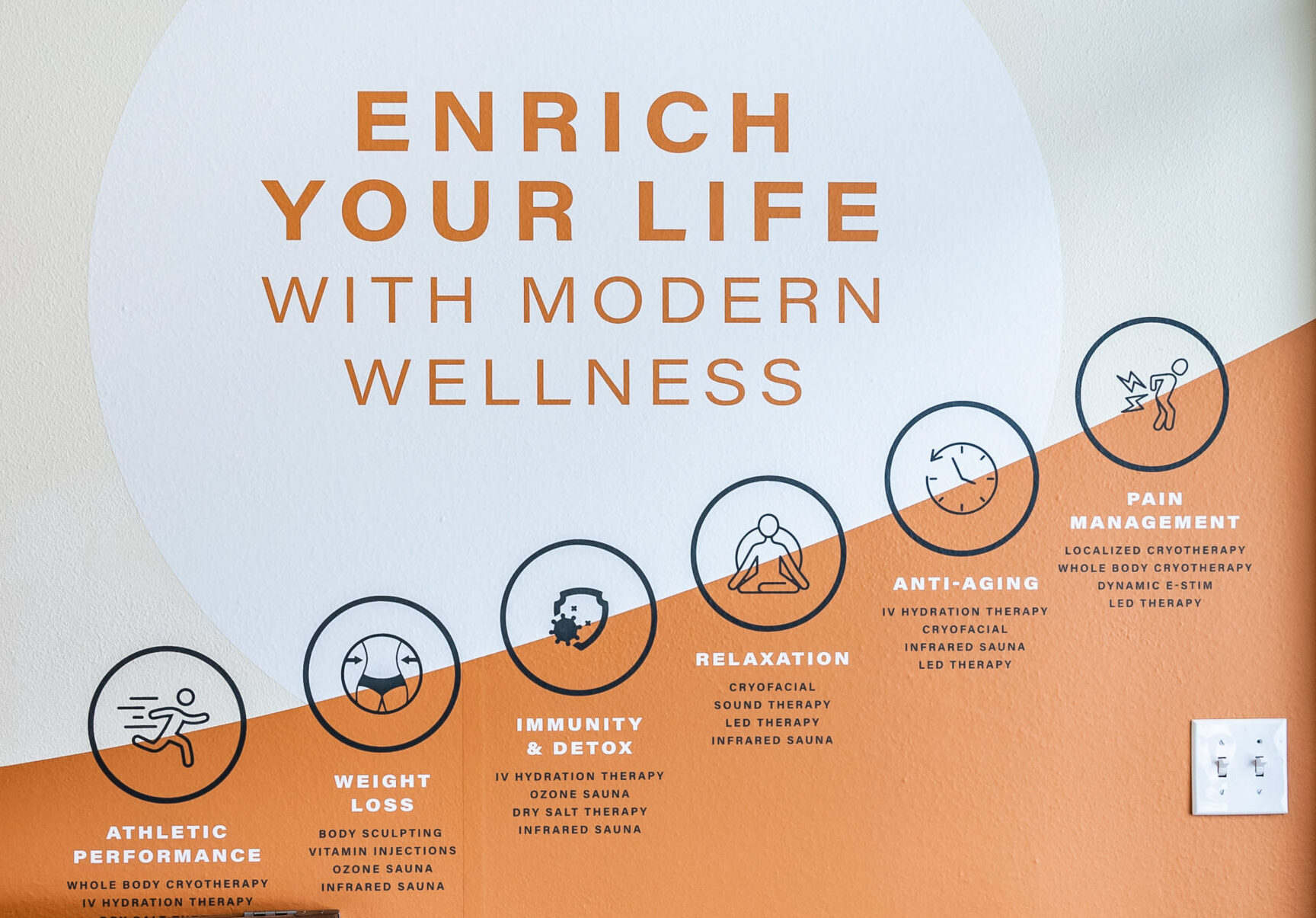Entry wall inside Rise Modern Wellness studio in Lake Oswego